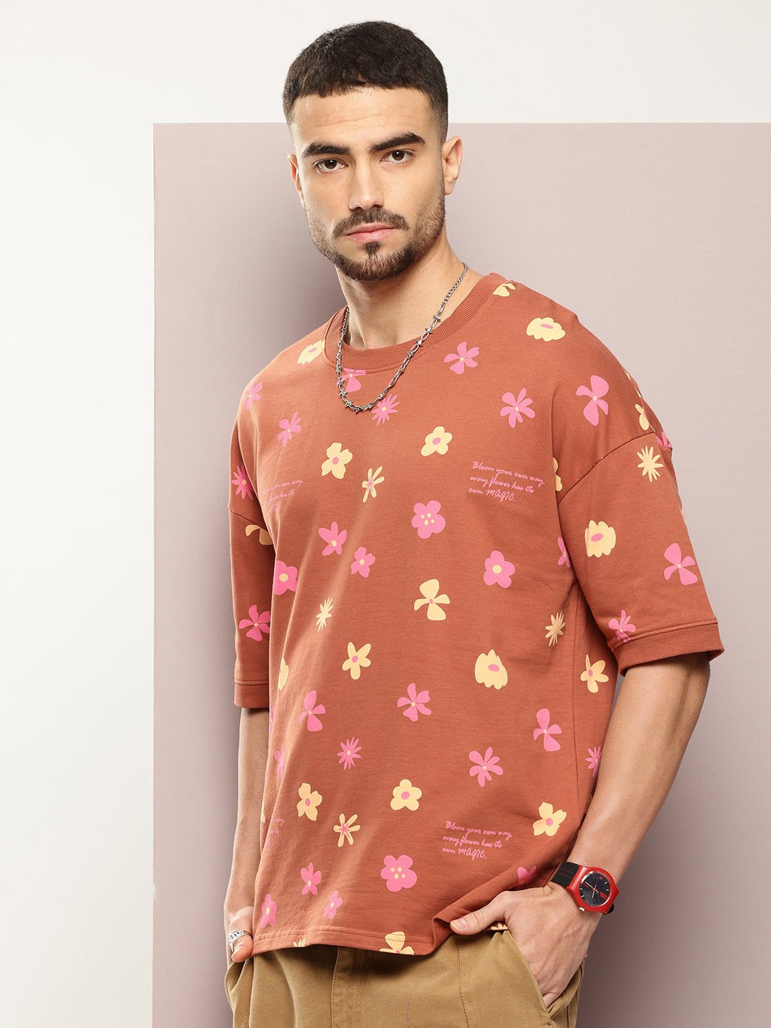 Mens Half Sleeve Round Neck All-Over Printed Oversized Fit Tshirts