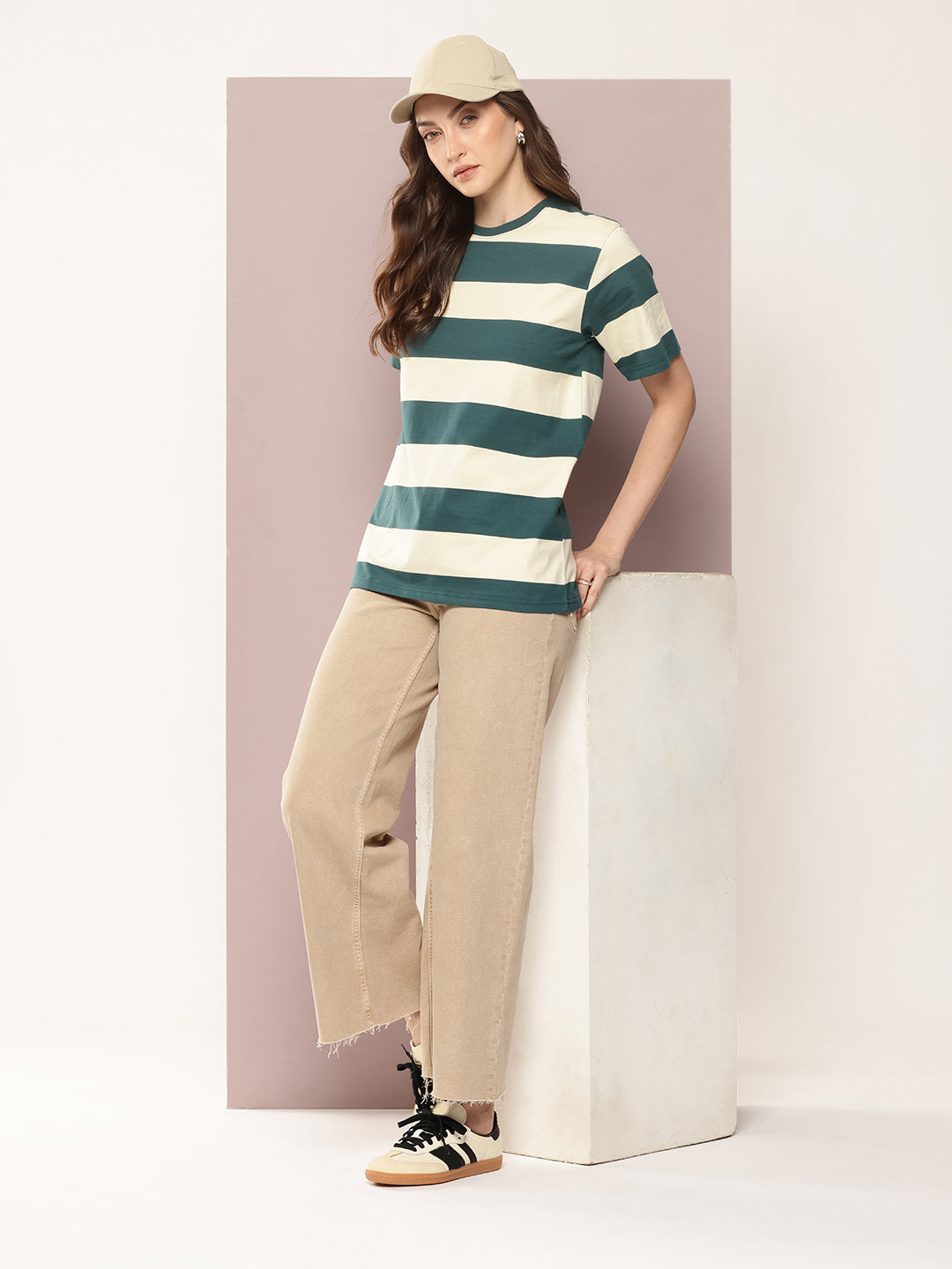 Womens Half Sleeve Round Neck Striped Oversized Fit Tshirts