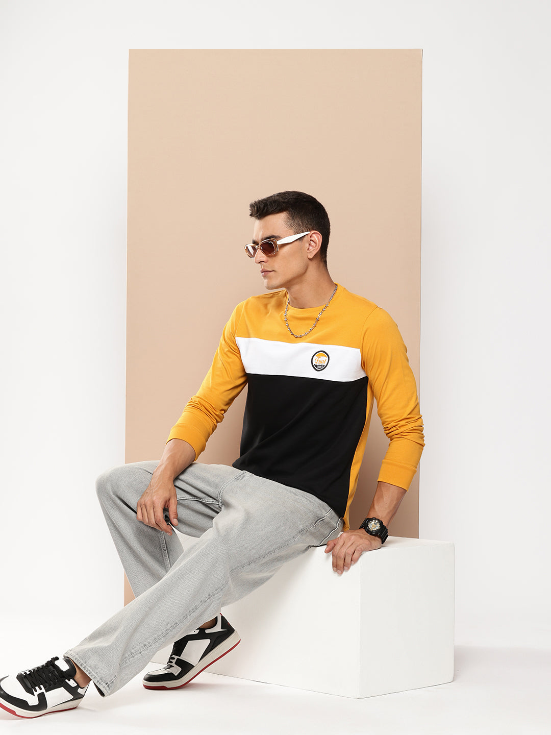 Mens Full Sleeve Round Neck Colourblocked Regular Fit Tshirts