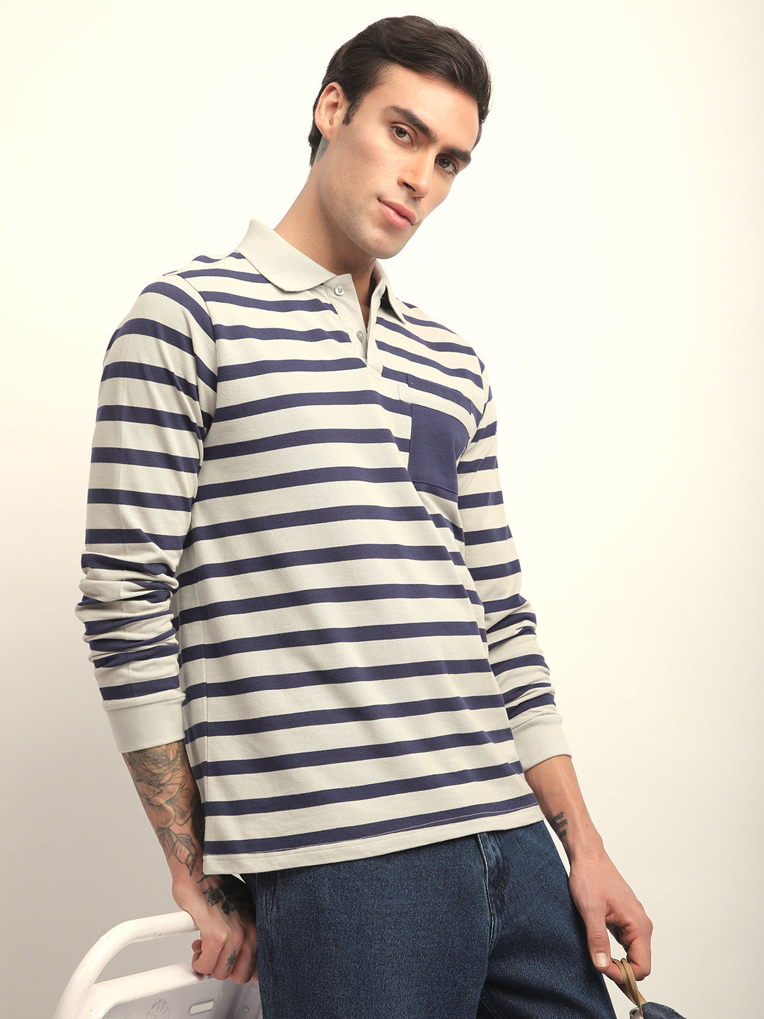 Mens Full Sleeve Polo Neck All-Over Striped Regular Fit Tshirts