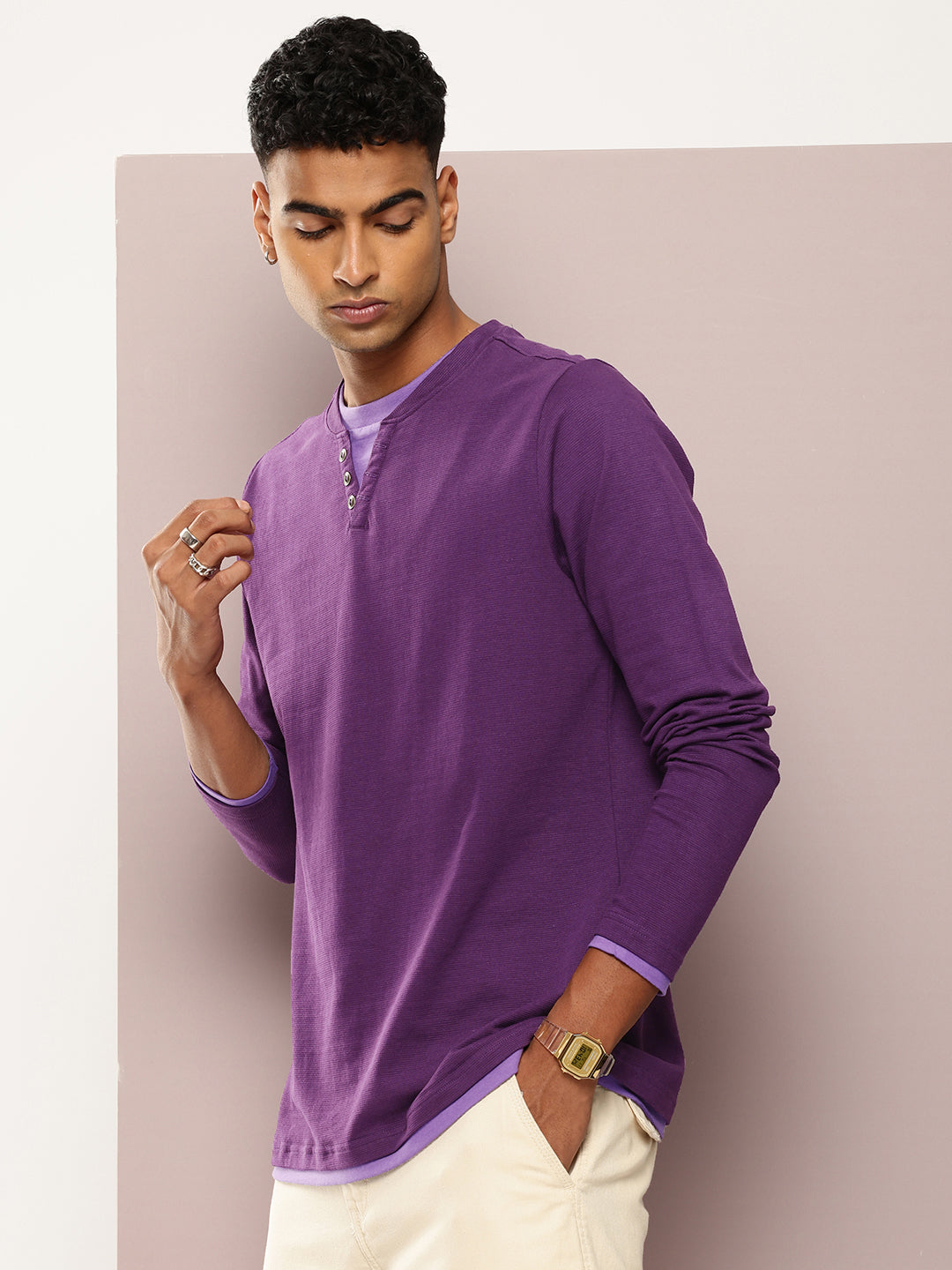 Mens Full Sleeve V-Neck Solid Regular Fit Tshirts