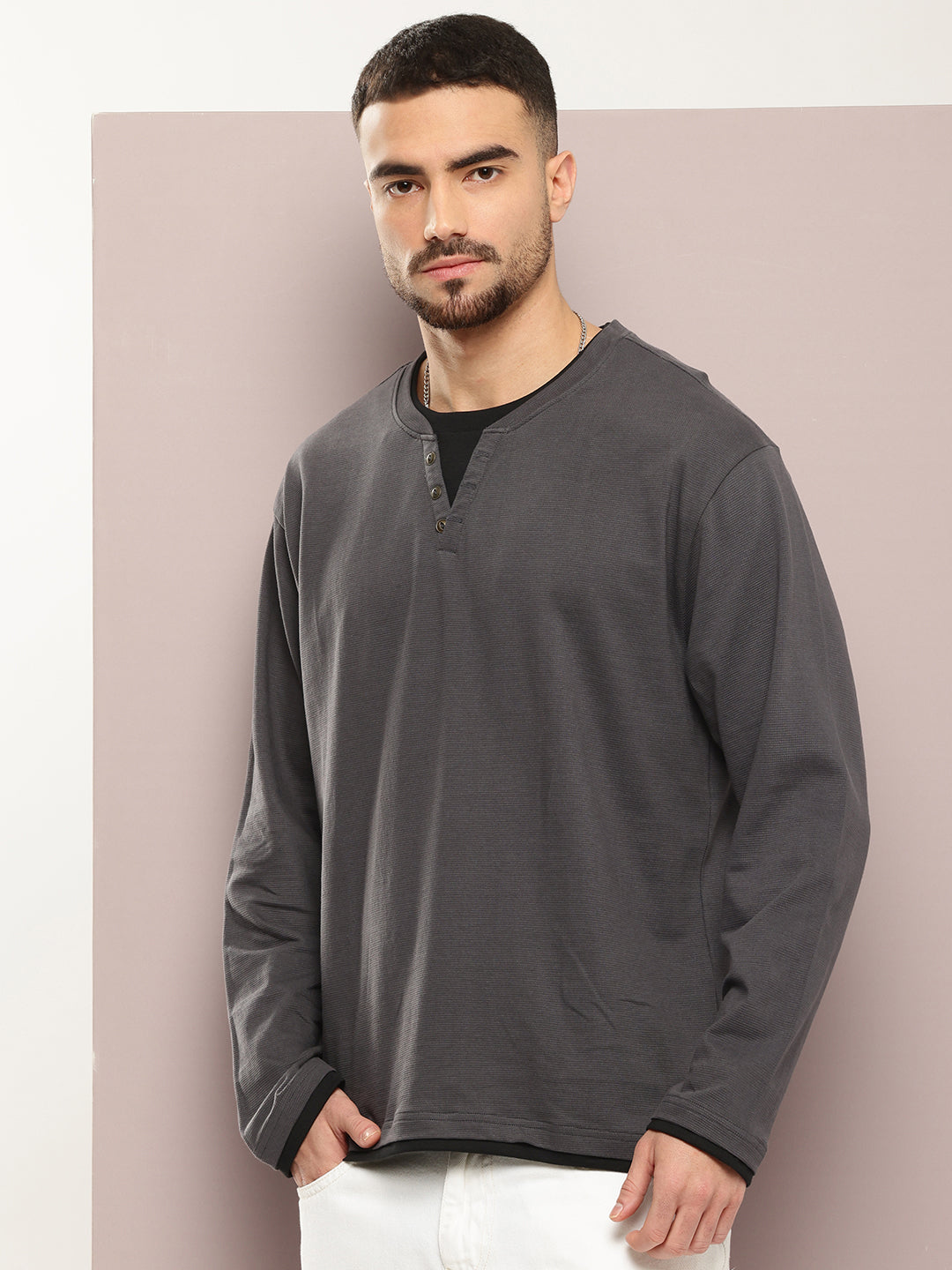 Mens Full Sleeve V-Neck Solid Oversized Fit Tshirts
