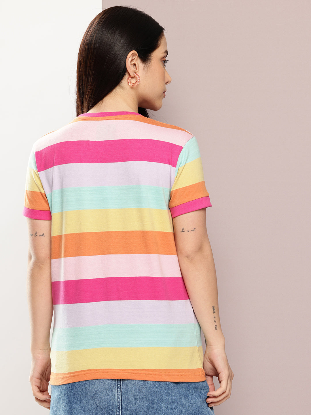 Womens Half Sleeve Round Neck All-Over Striped Regular Fit Tshirts