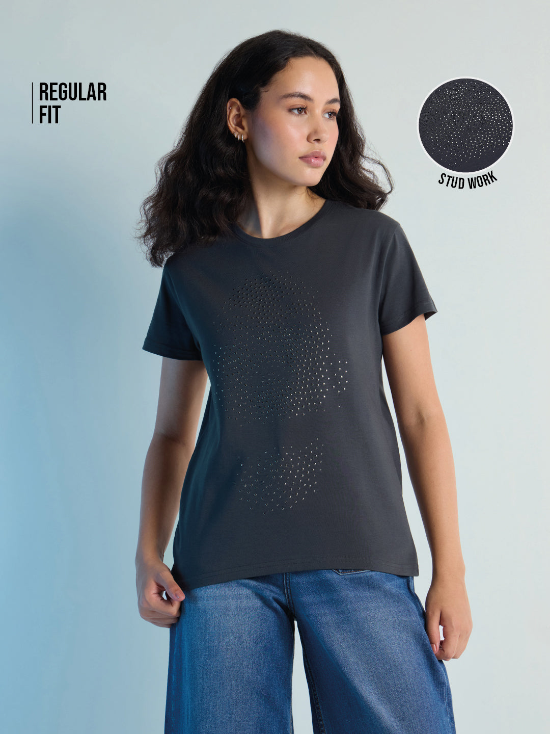 Womens Stud Detailed Regular Fit Round Neck Tshirt 