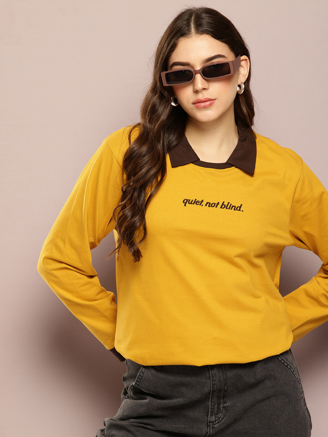 Womens Full Sleeve Polo Neck Printed Oversized Fit Tshirts