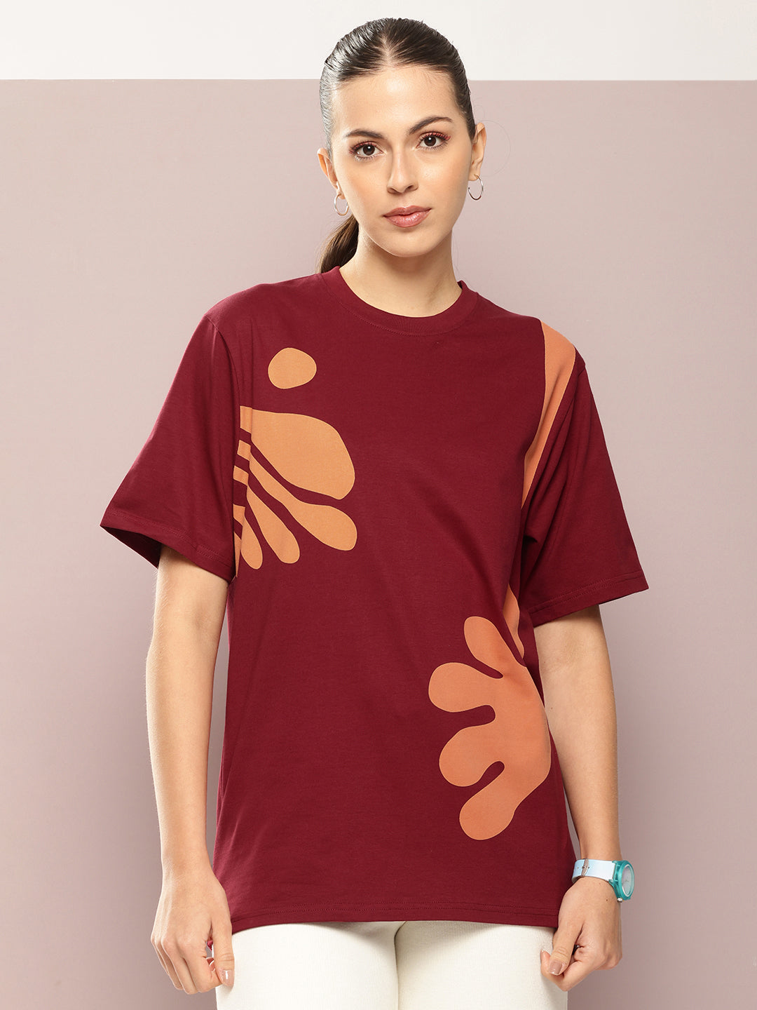 Womens Half Sleeve Round Neck All-Over Printed Oversized Fit Tshirts