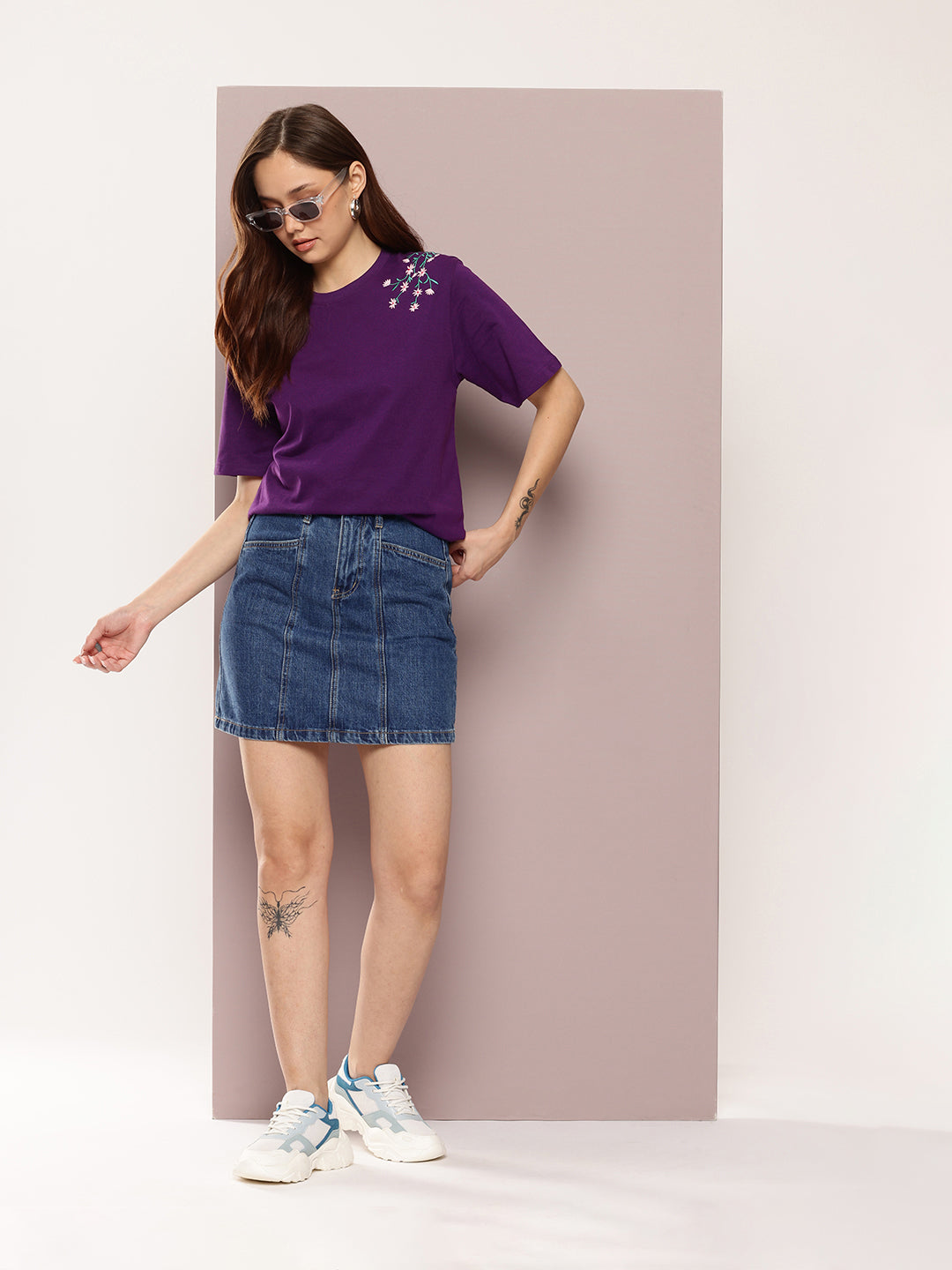 Womens Half Sleeve Round Neck Embroidered Oversized Fit Tshirts
