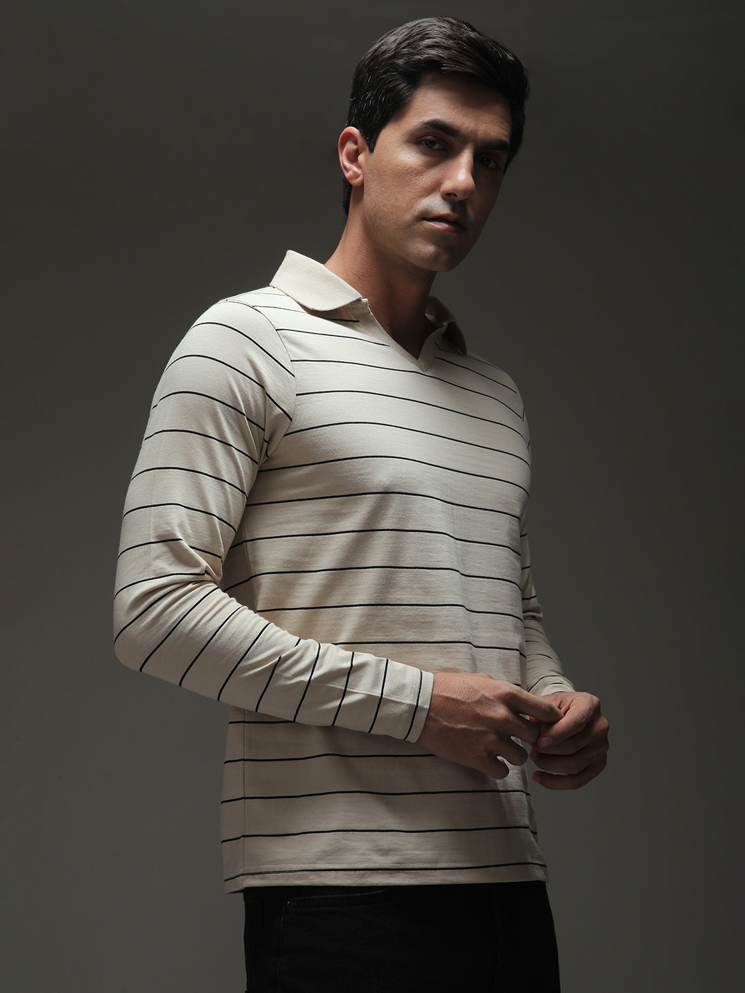 Mens Full Sleeve Polo Neck Striped Regular Fit Tshirts