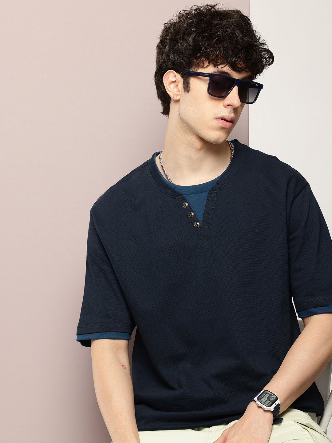 Mens Half Sleeve V-Neck Solid Oversized Fit Tshirts