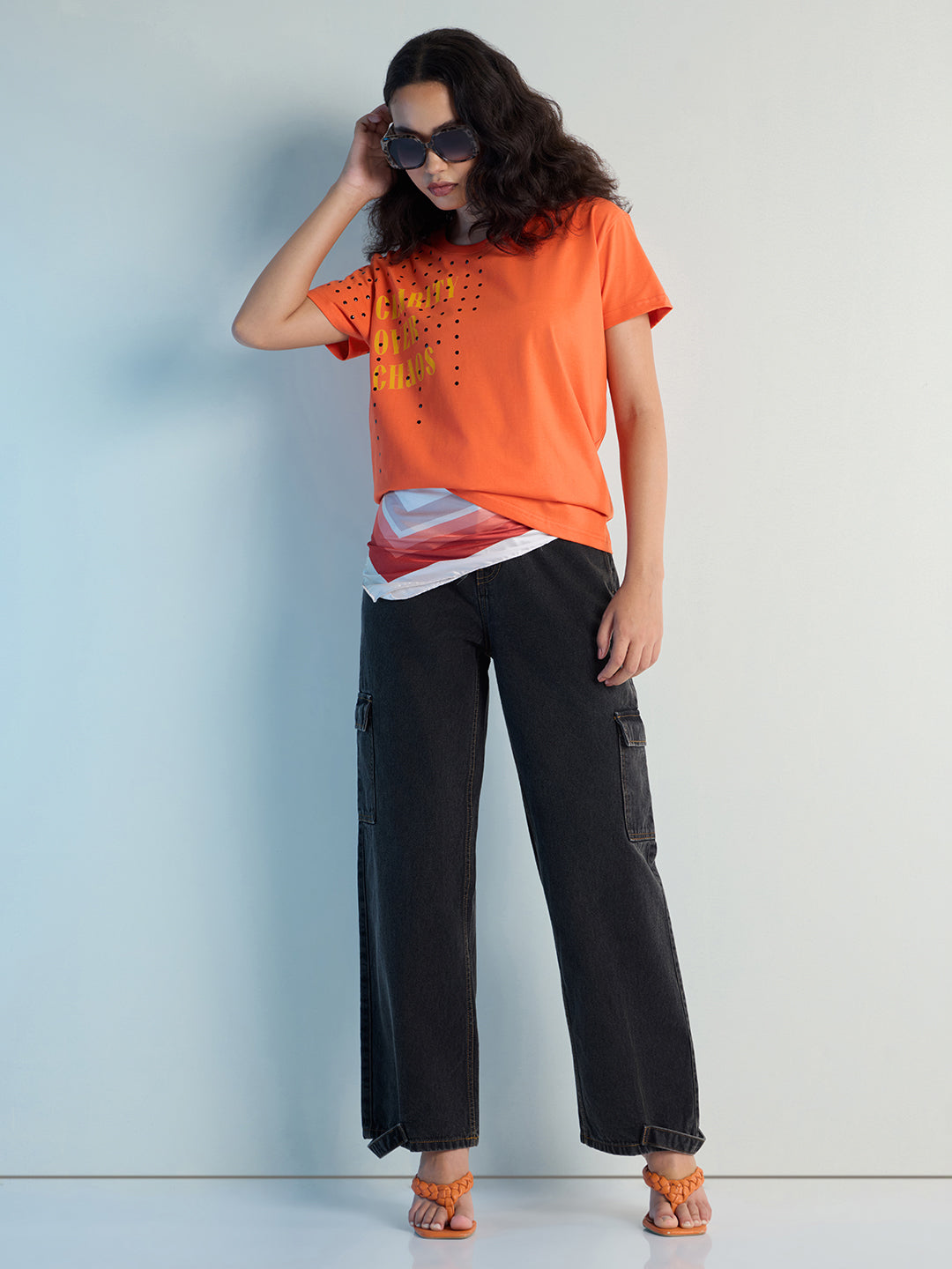 Womens Stud Detailed Boxy Regular Round Neck Tshirt 