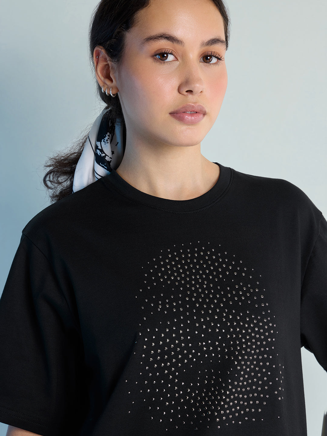 Womens Stud Detailed Oversized Round Neck Tshirt 