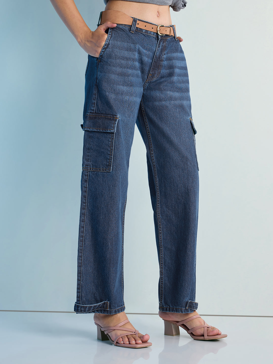 Womens Straight Fit Cargo Denim Jeans Pant