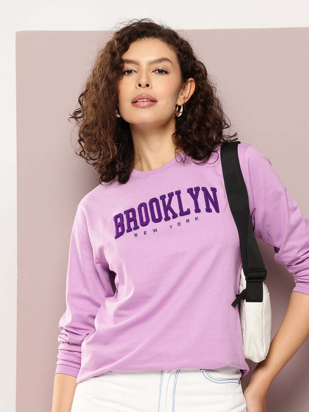 Womens Full Sleeve Round Neck Embroidered Oversized Fit Tshirts