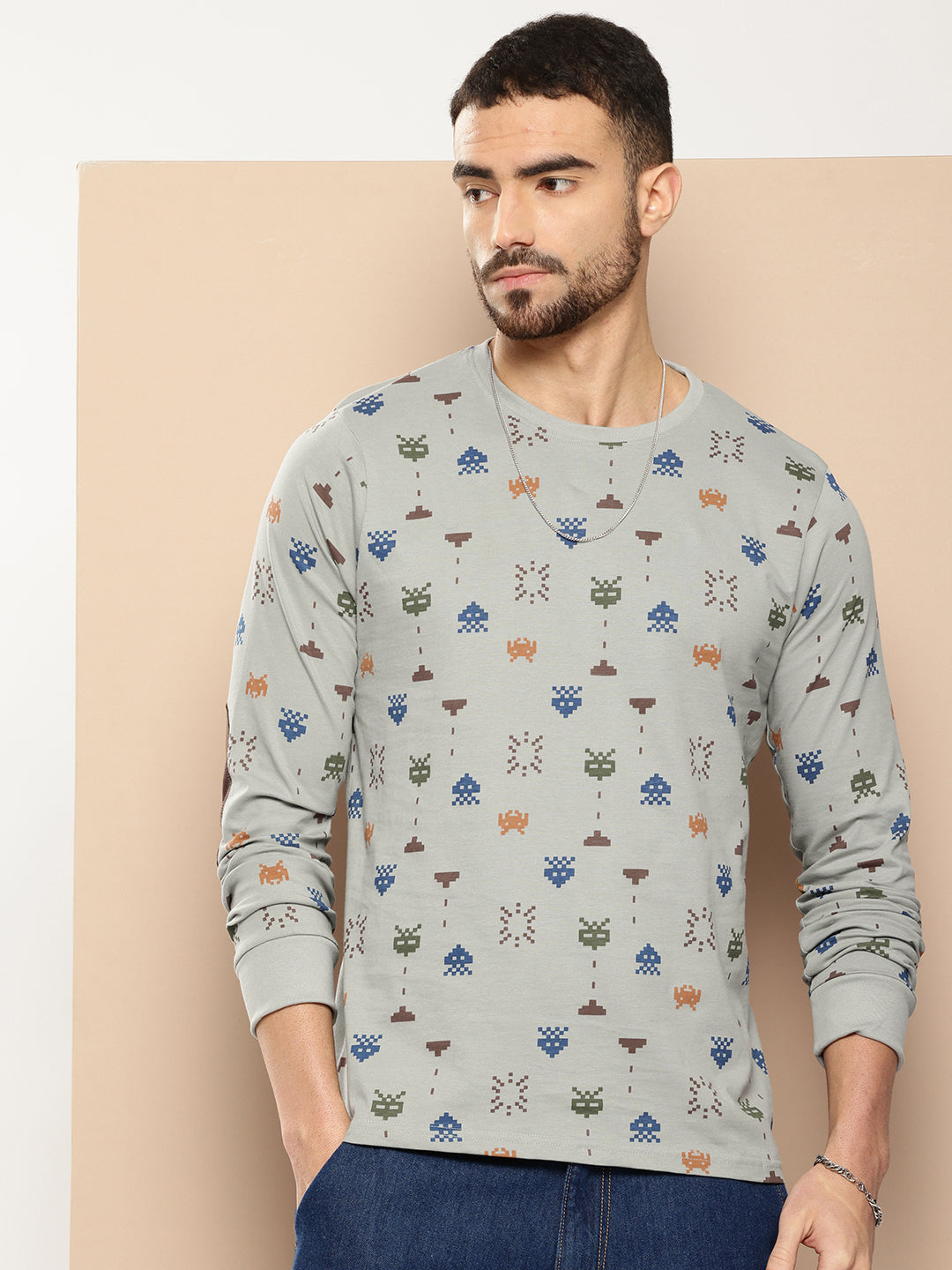 Mens Full Sleeve Round Neck All-Over Printed Regular Fit Tshirts