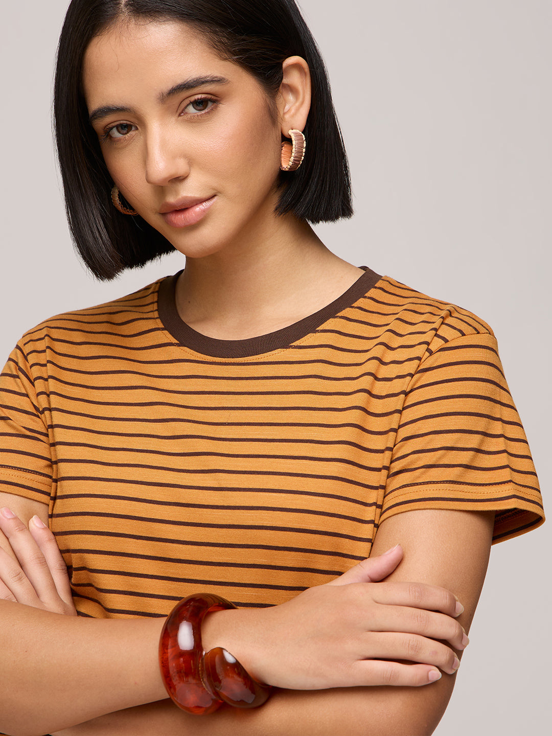 Womens Striped Regular Fit Cotton T-Shirt
