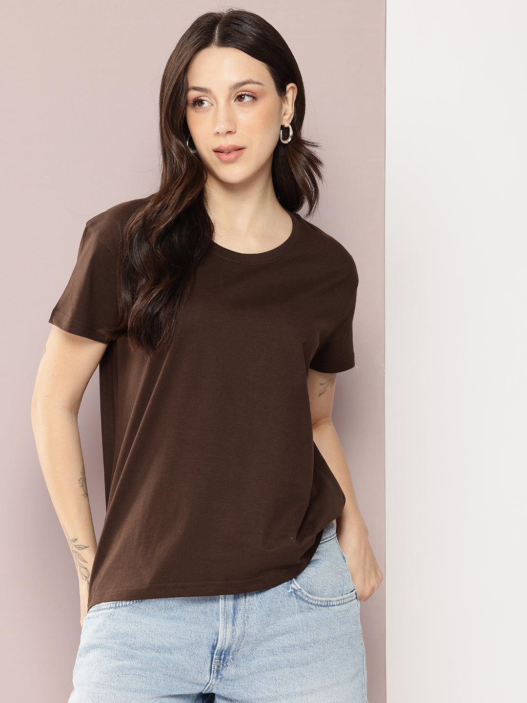 Womens Half Sleeve Round Neck Solid Boxy Fit Tshirts