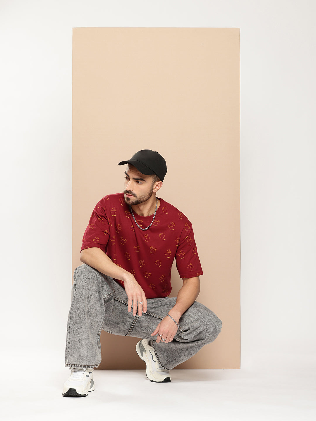Mens Half Sleeve Round Neck All-Over Printed Oversized Fit Tshirts