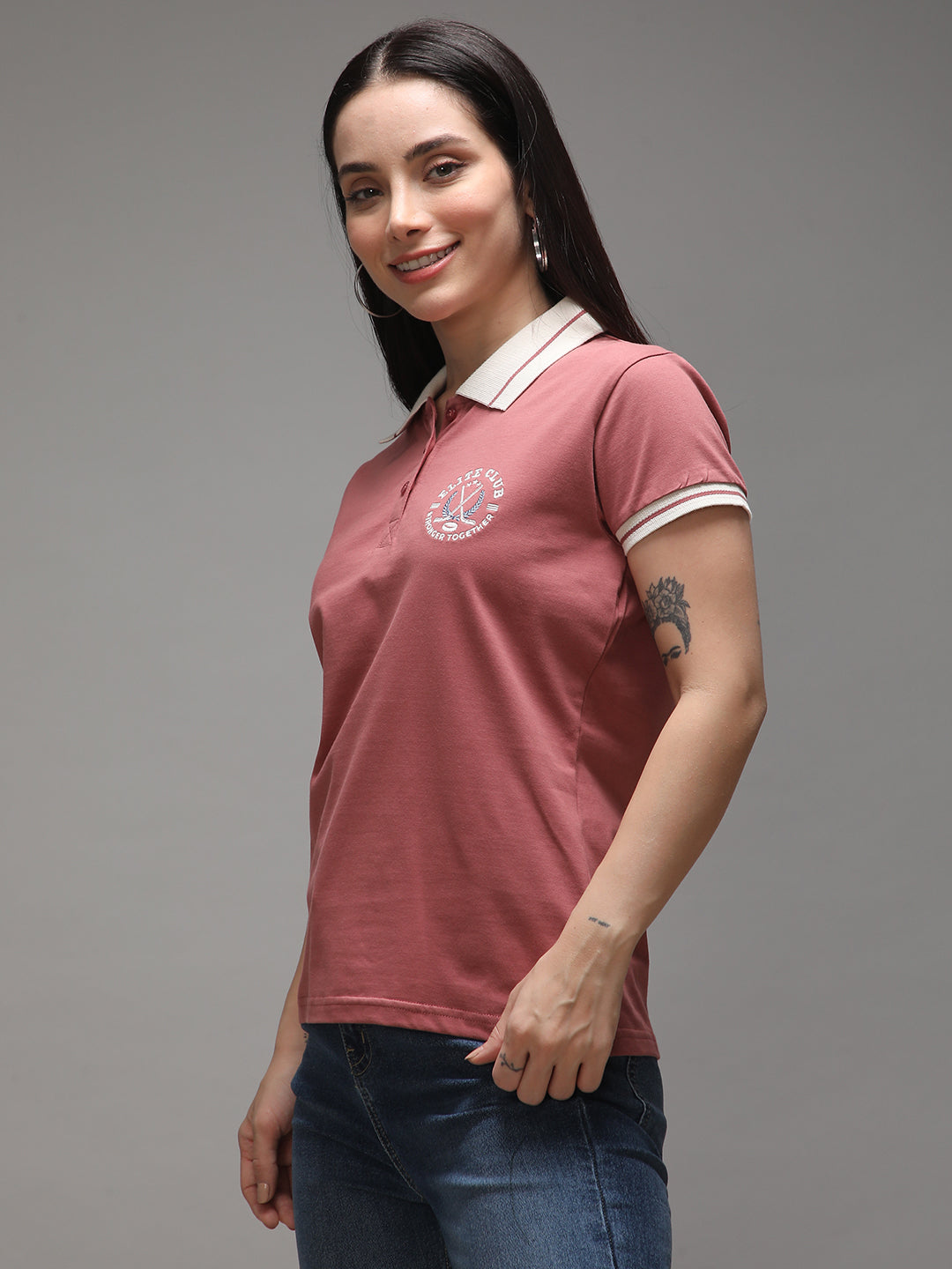 Womens Half Sleeve Polo Neck Solid Regular Fit Tshirts