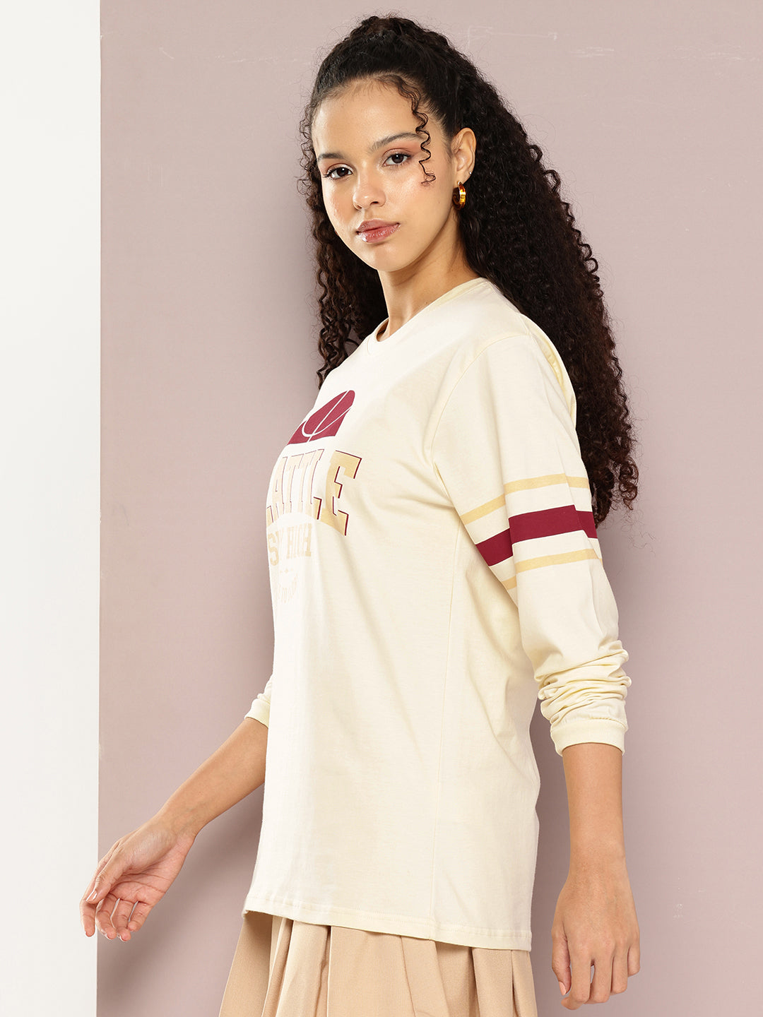 Womens Full Sleeve Round Neck Printed Oversized Fit Tshirts