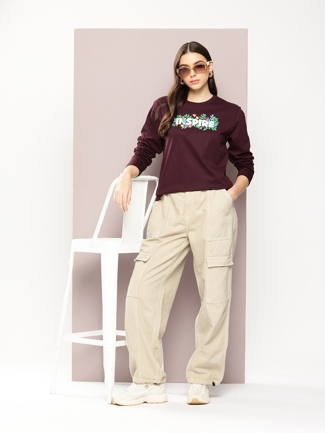 Womens Full Sleeve Round Neck Printed Oversized Fit Tshirts