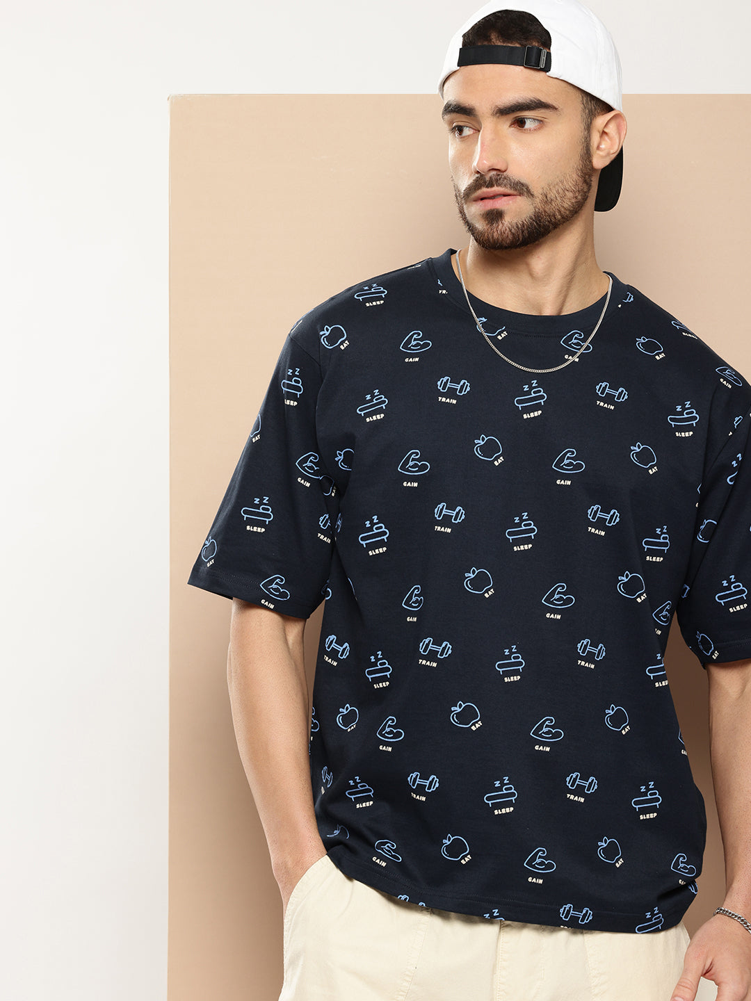 Mens Half Sleeve Round Neck All-Over Printed Oversized Fit Tshirts