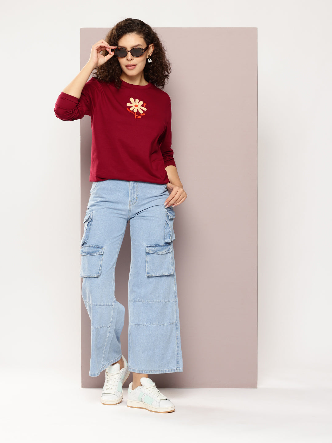 Womens Full Sleeve Round Neck Embroidered Oversized Fit Tshirts