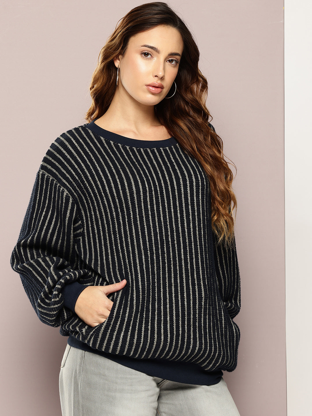 Women Long Sleeve Oversized Striped Sweatshirt