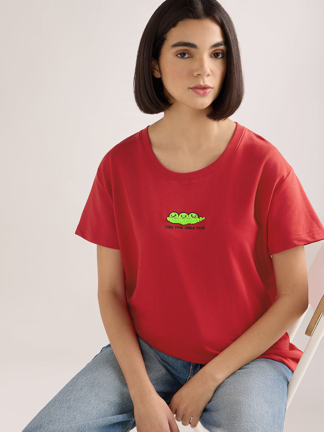 Womens Embroidery Boxy Regular Fit French Terry Cotton Tshirt