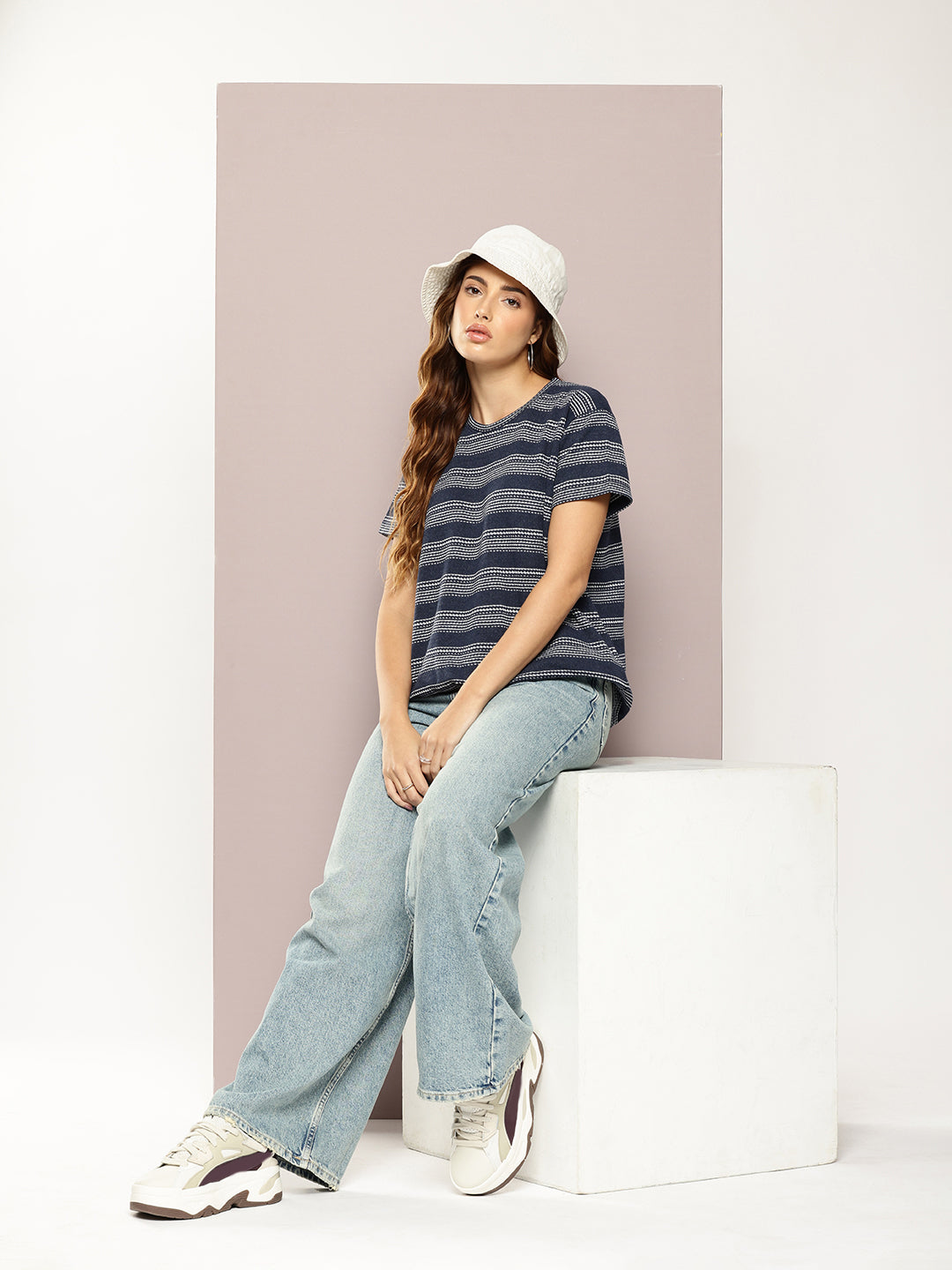 Womens Half Sleeve Round Neck All-Over Striped Boxy Fit Tshirts