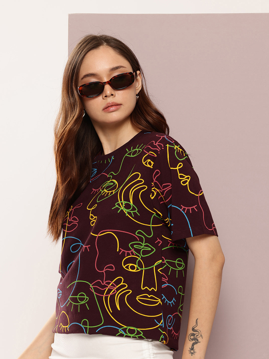 Womens Half Sleeve Round Neck All-Over Printed Oversized Fit Tshirts