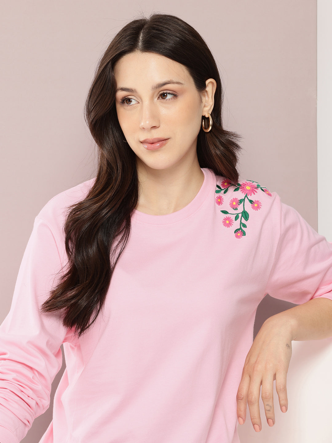 Womens Full Sleeve Round Neck Embroidered Oversized Fit Tshirts