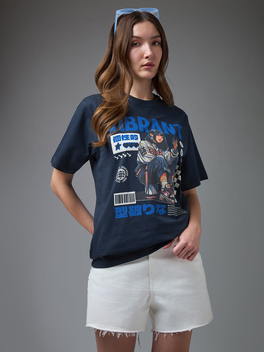Womens Printed Round Neck Oversized Fit Tshirt