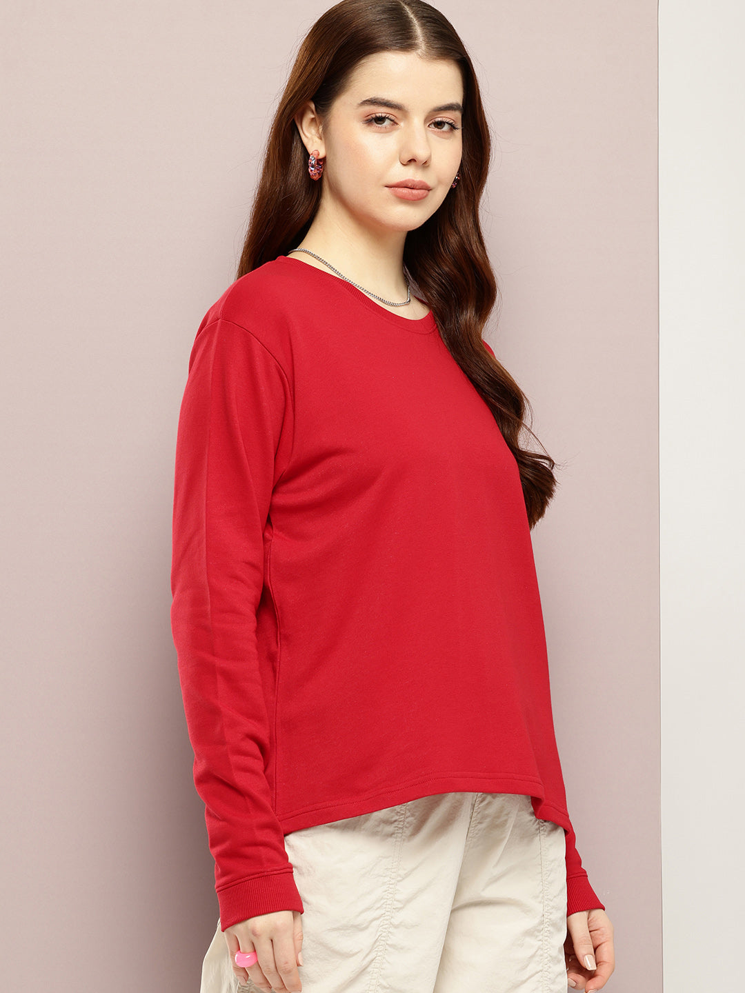 Womens Full Sleeve Round Neck Solid Boxy Fit Tshirts