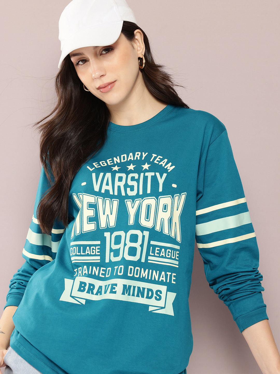 Womens Full Sleeve Round Neck Printed Oversized Fit Tshirts