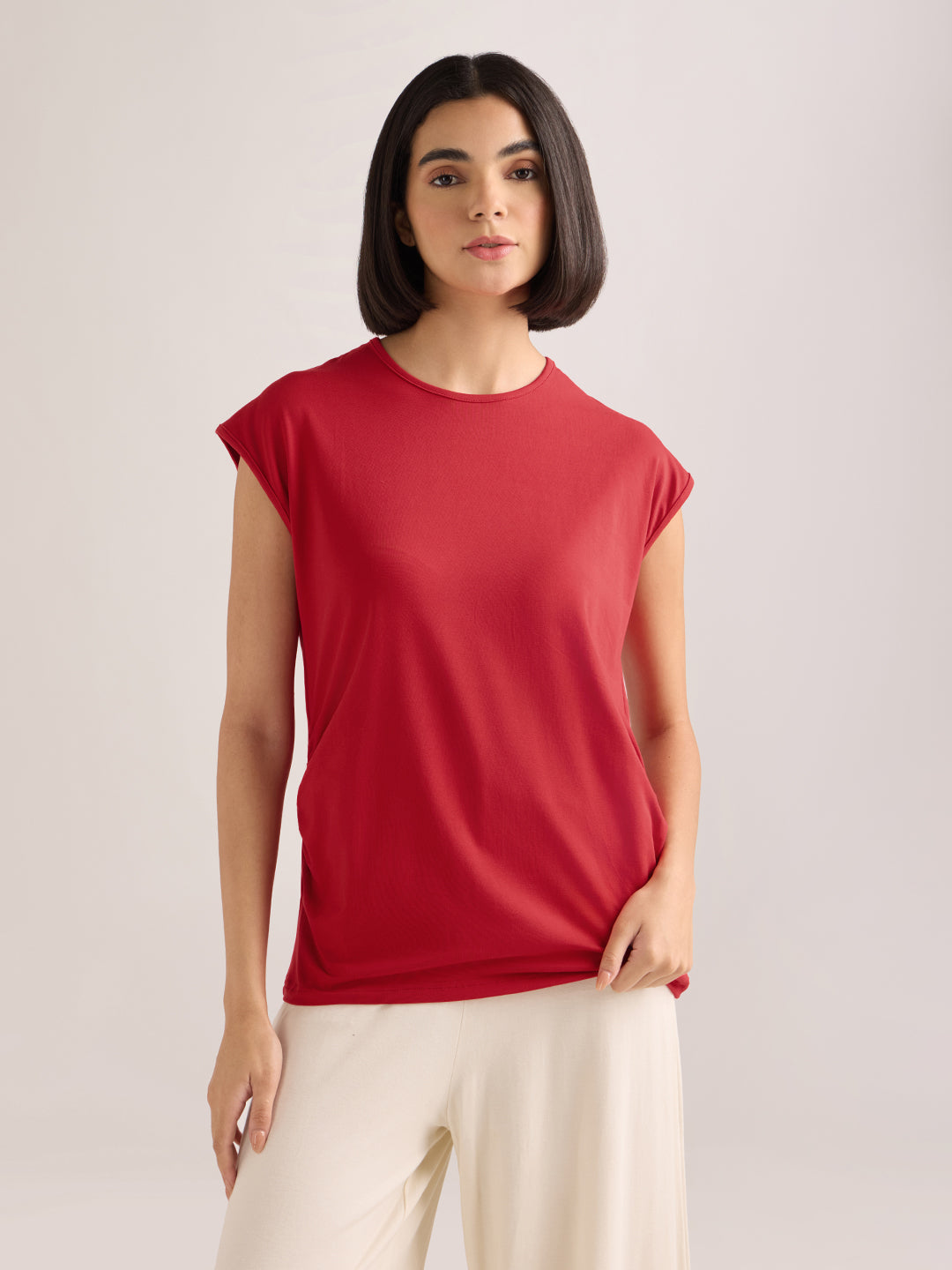 Womens Solid Regular Fit Lycra Jersey Sleeveless Tshirt
