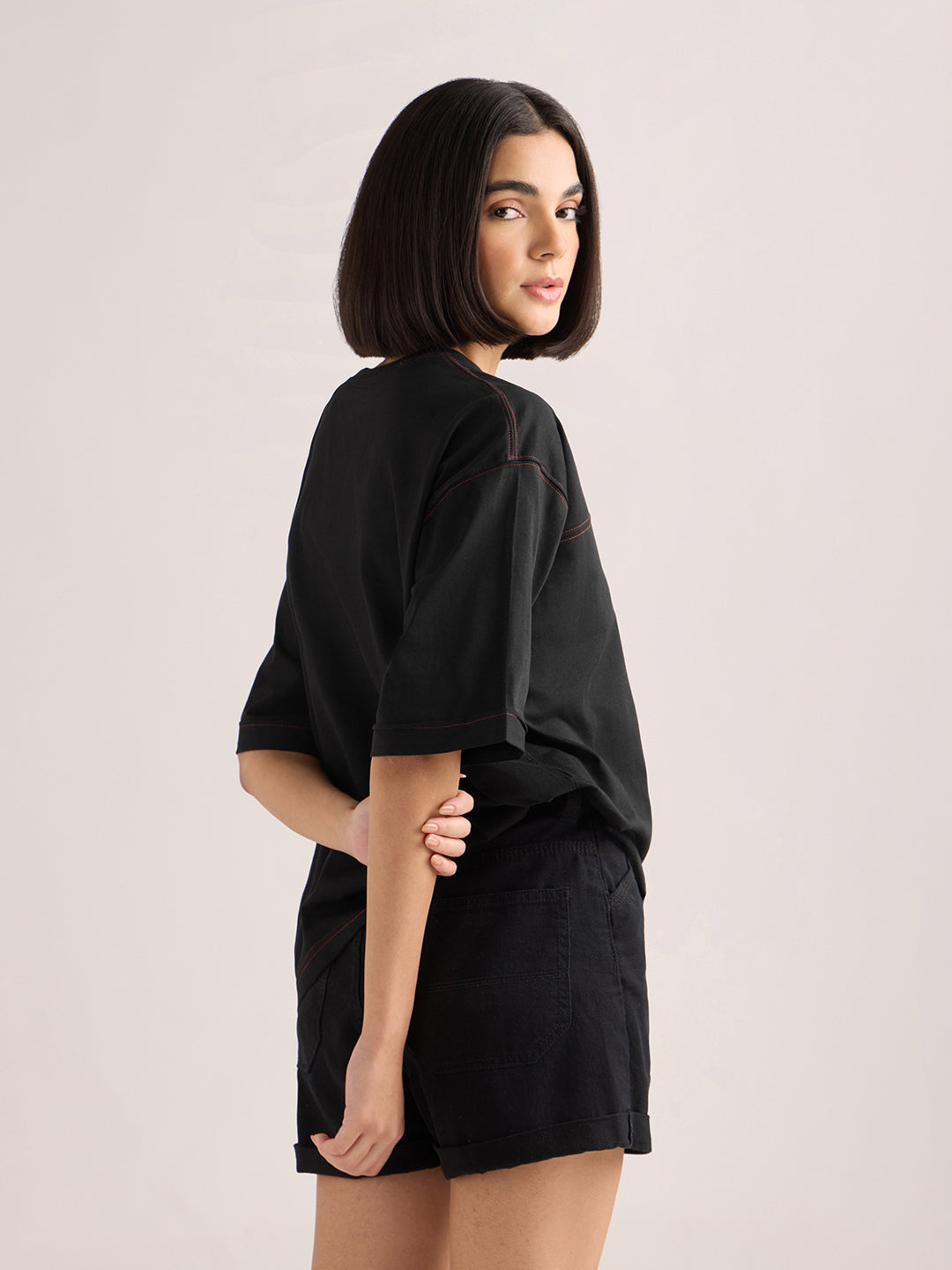 Womens Embroidery Boxy Regular Fit Cut & Sew Cotton Tshirt