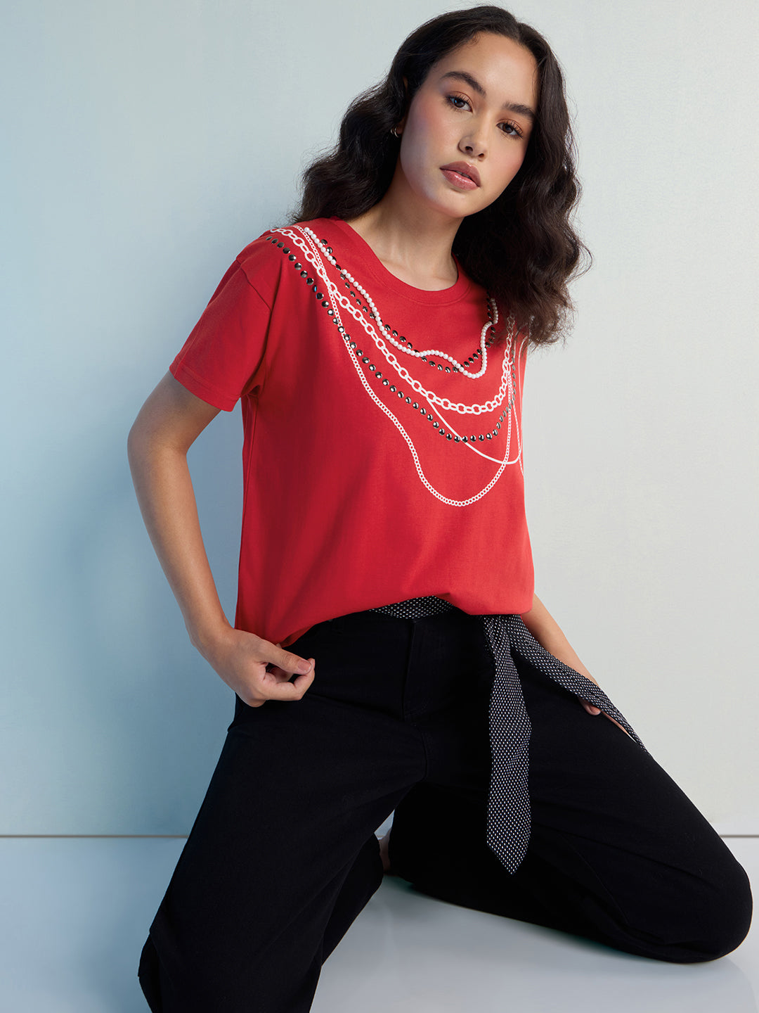 Womens Stud Detailed Boxy Regular Round Neck Tshirt 