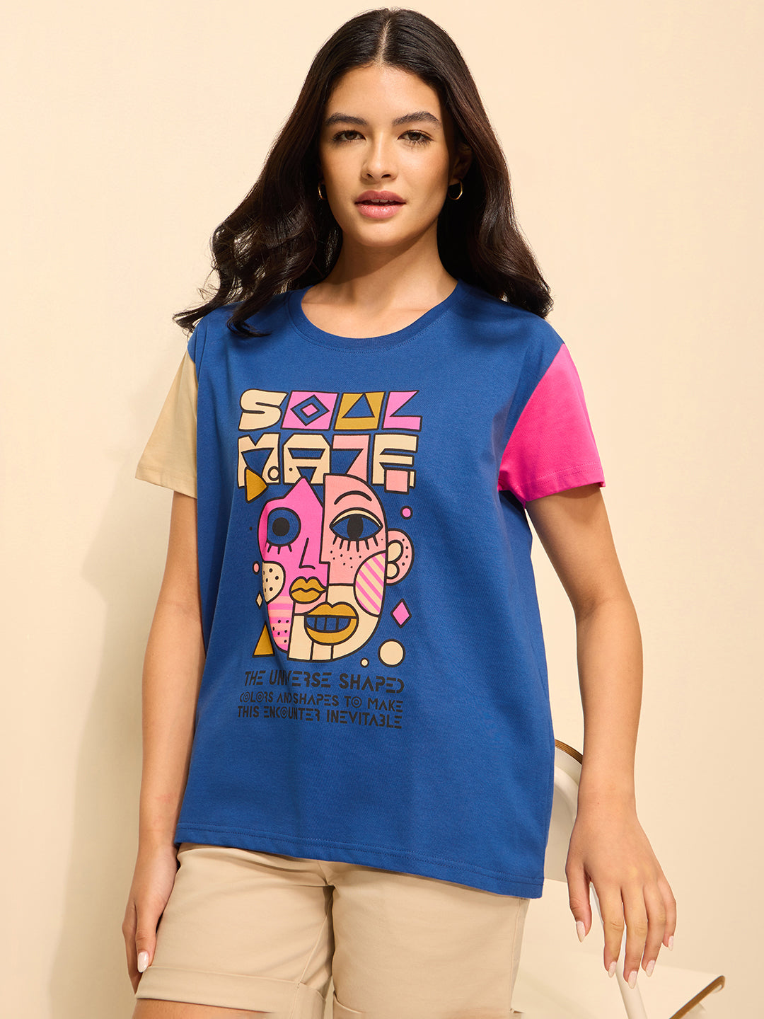 Womens Printed Boxy Regular Fit Cotton T-Shirt