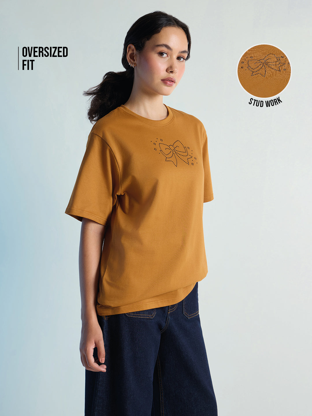 Womens Stud Detailed Oversized Round Neck Tshirt 