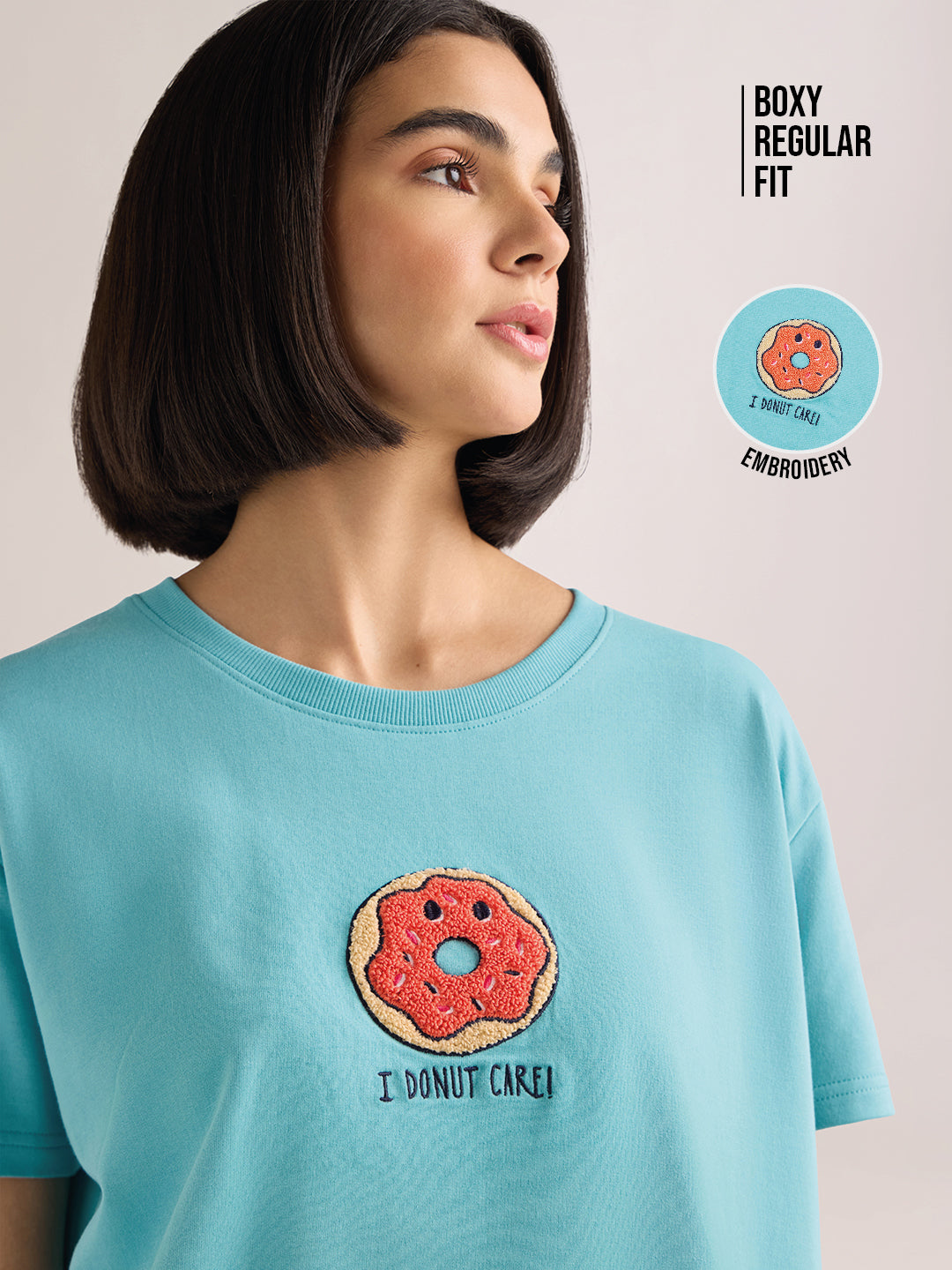 Womens Embroidery Boxy Regular Fit French Terry Cotton Tshirt