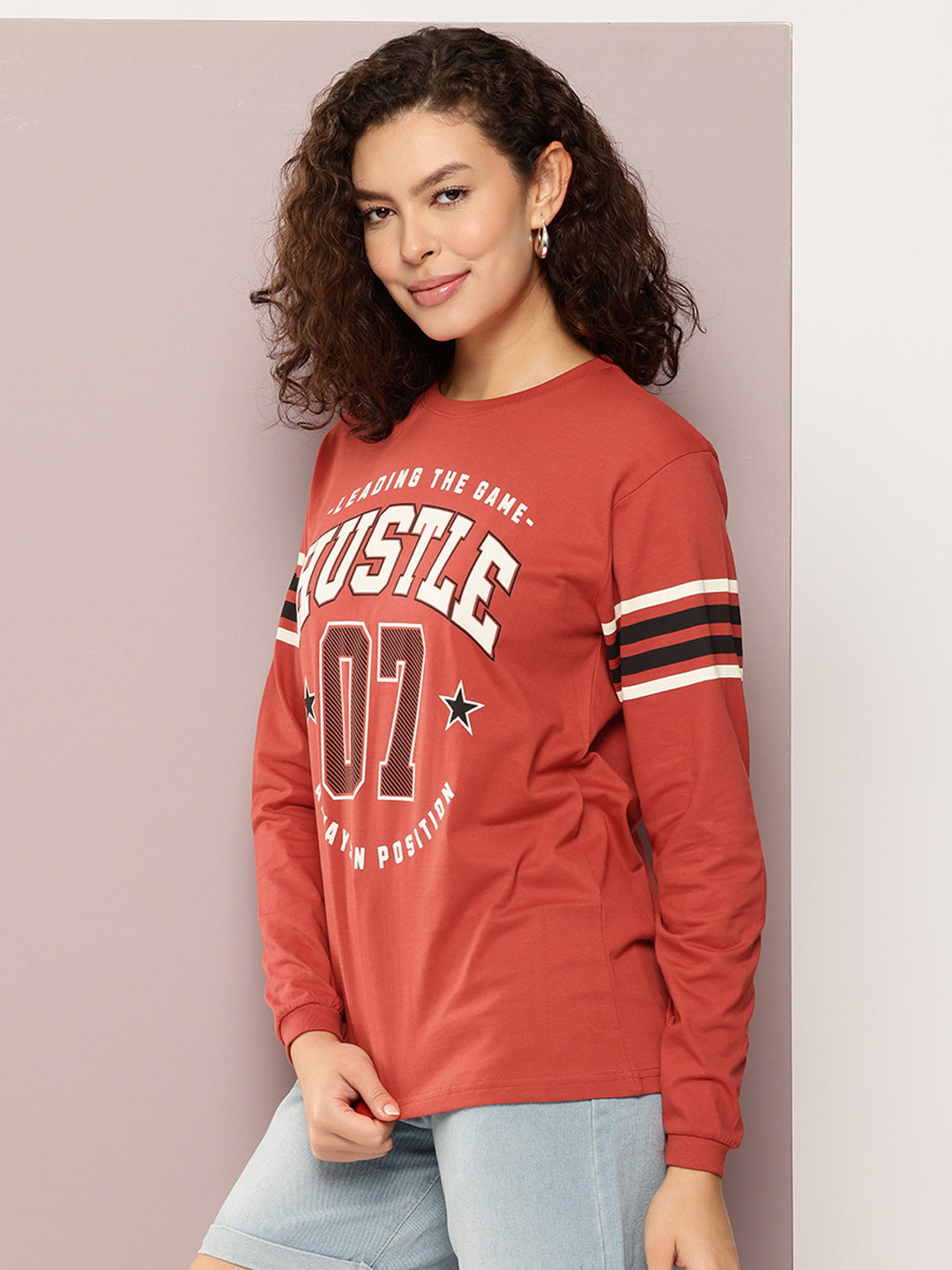 Womens Full Sleeve Round Neck Printed Oversized Fit Tshirts