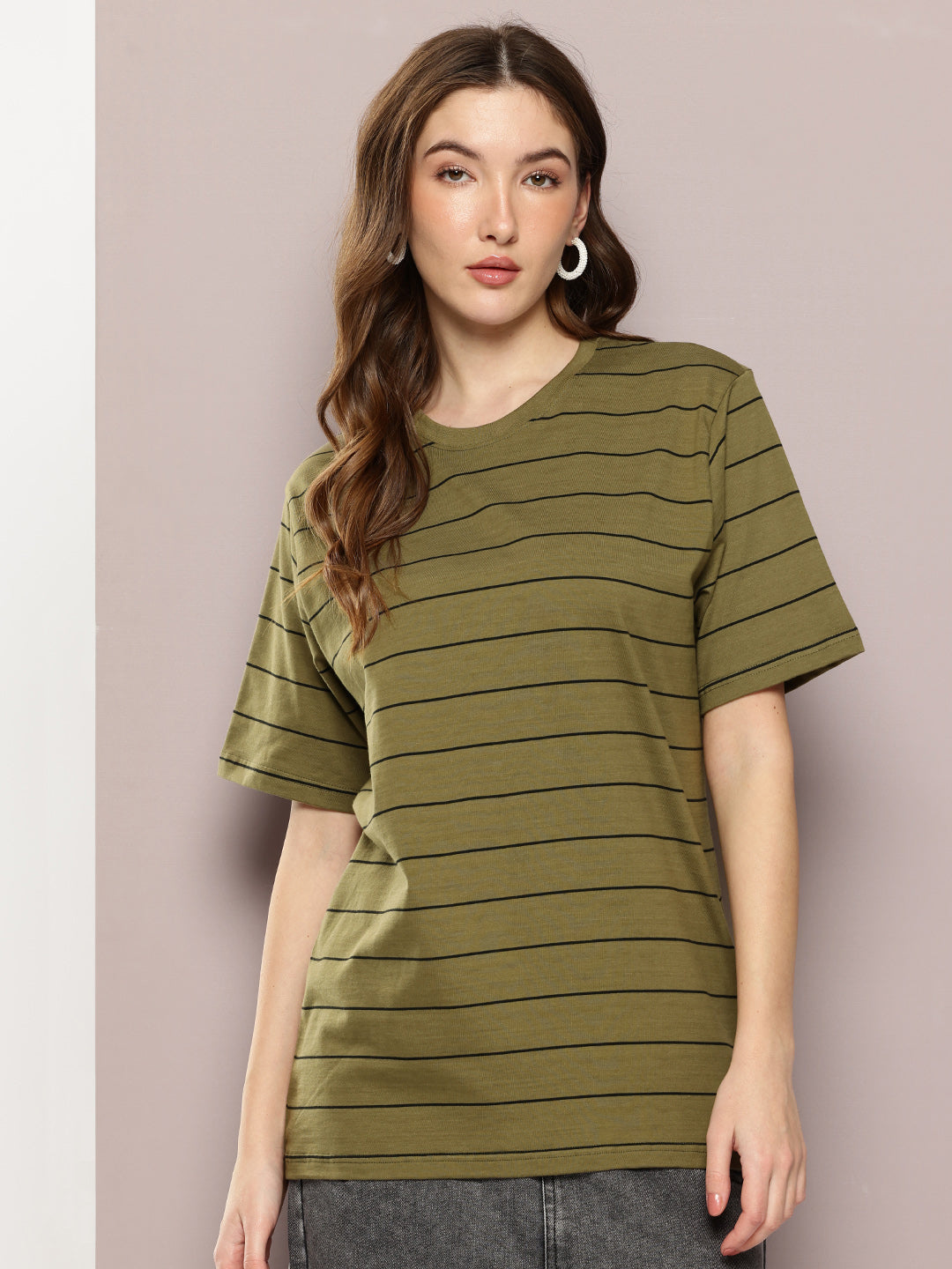 Womens Half Sleeve Round Neck Striped Oversized Fit Tshirts