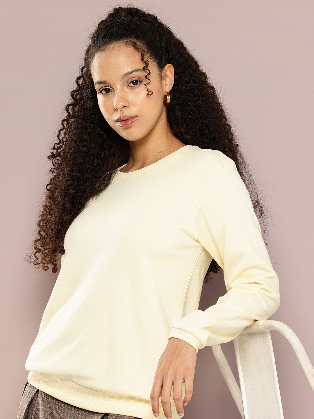 Womens Full Sleeve Round Neck Solid Relaxed Fit Tshirts