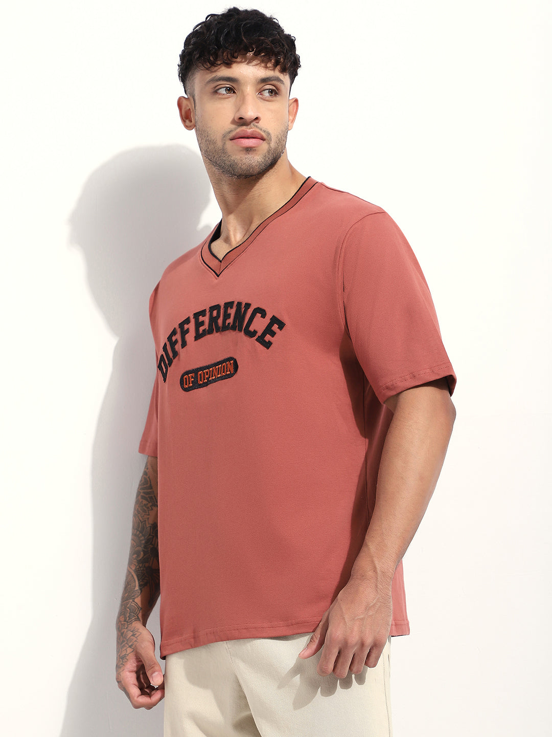 Mens Half Sleeve V-Neck Applique Oversized Fit Tshirts