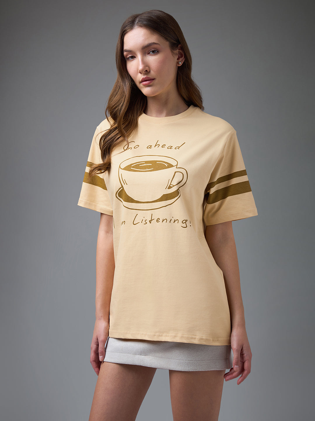 Womens Printed Round Neck Oversized Fit Tshirt