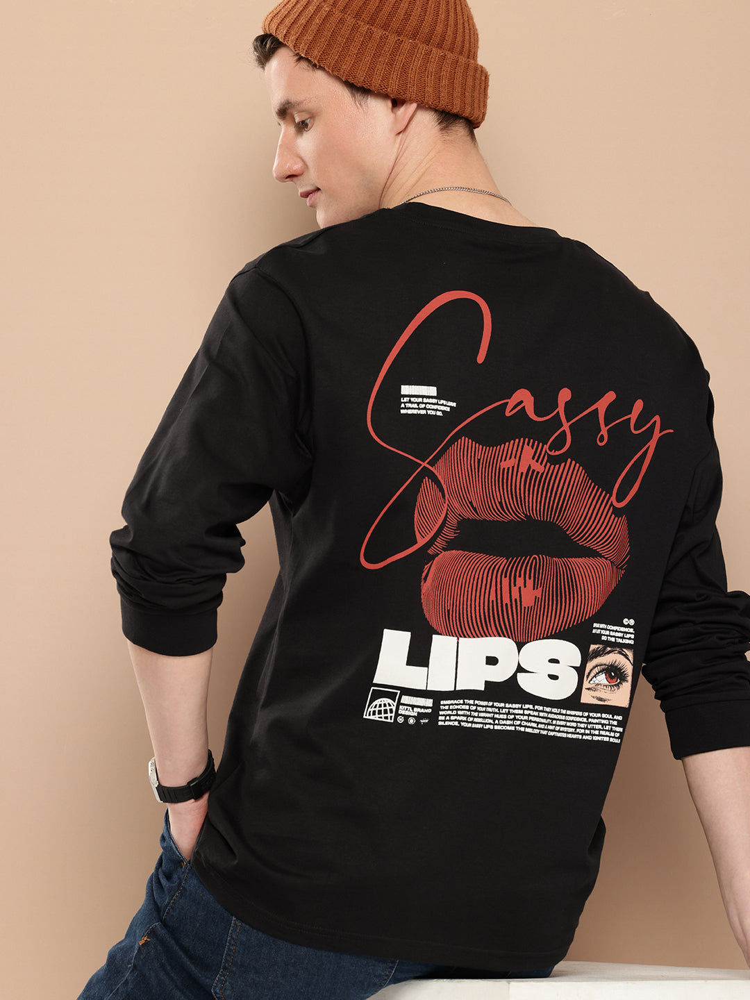 Mens Full Sleeve Round Neck Back Printed Oversized Fit Tshirts