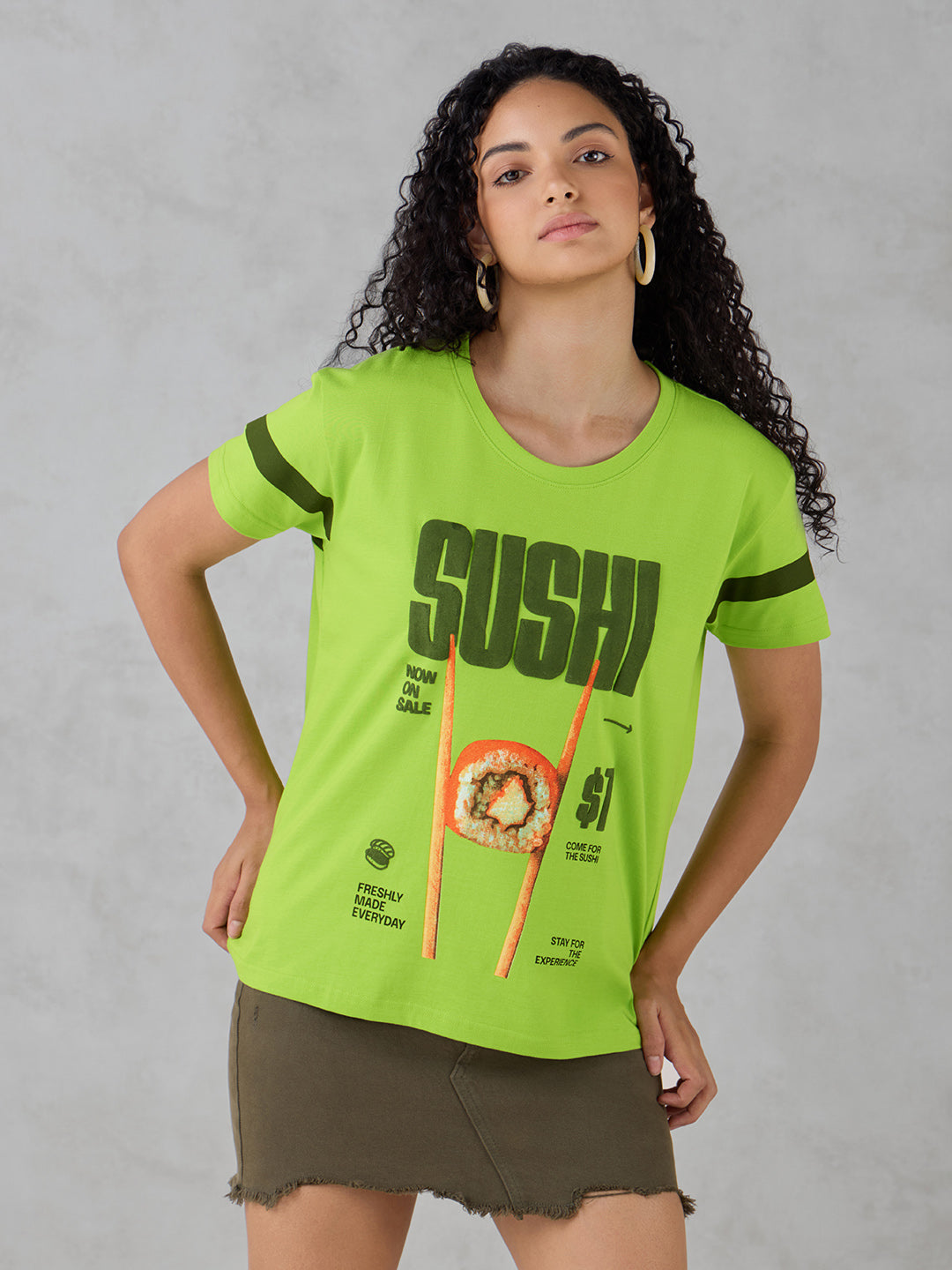 Womens Half Sleeve Puff Printed Boxy Regular Fit Tshirt