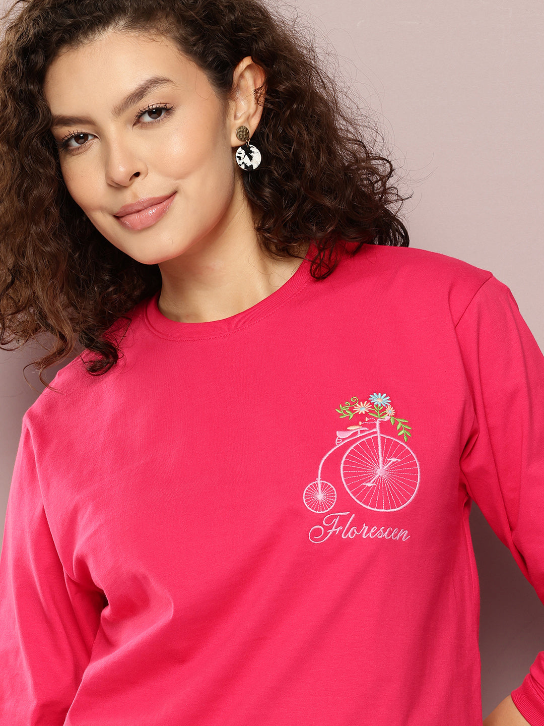 Womens Full Sleeve Round Neck Embroidered Oversized Fit Tshirts