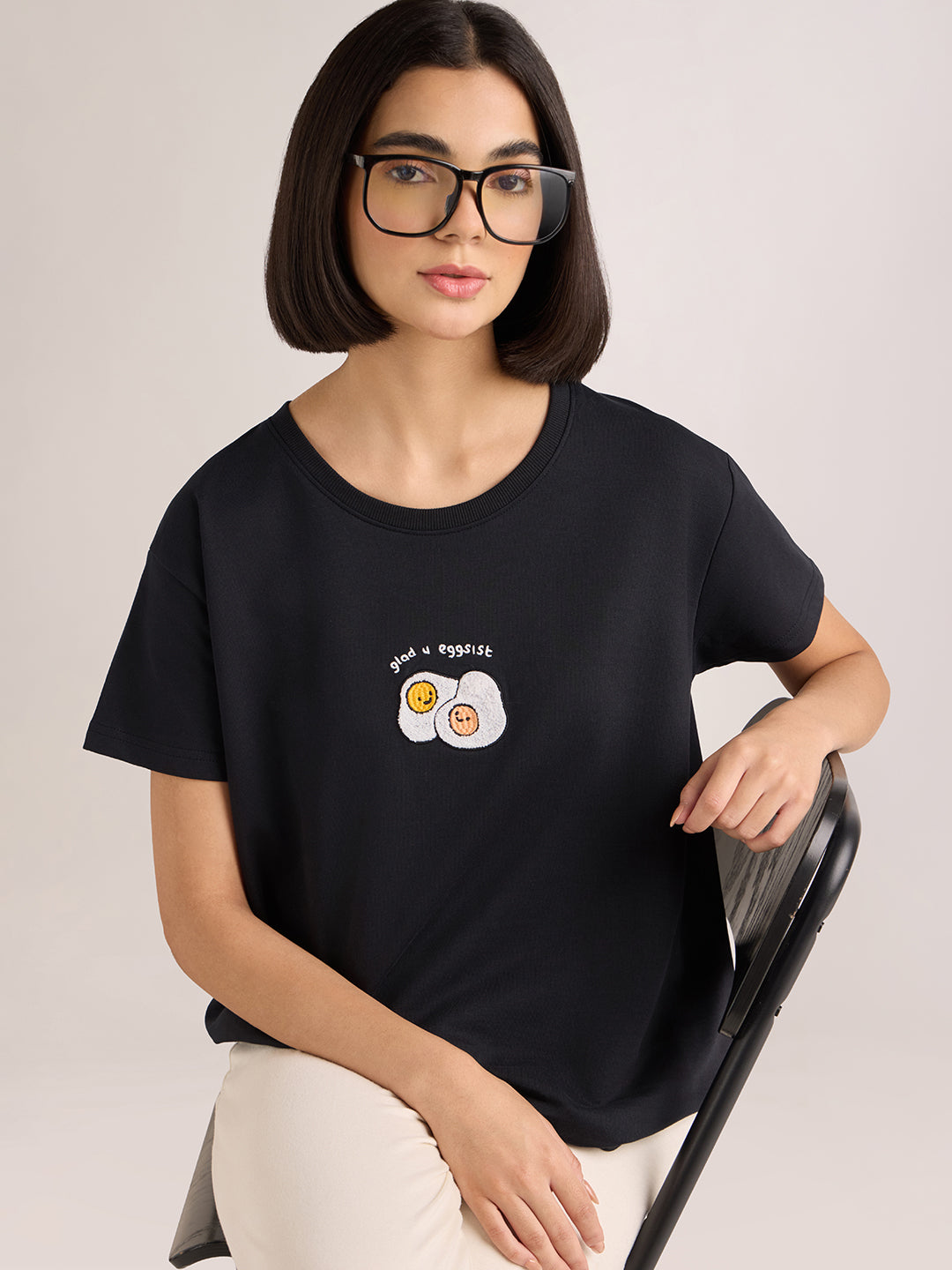 Womens Embroidery Boxy Regular Fit French Terry Cotton Tshirt