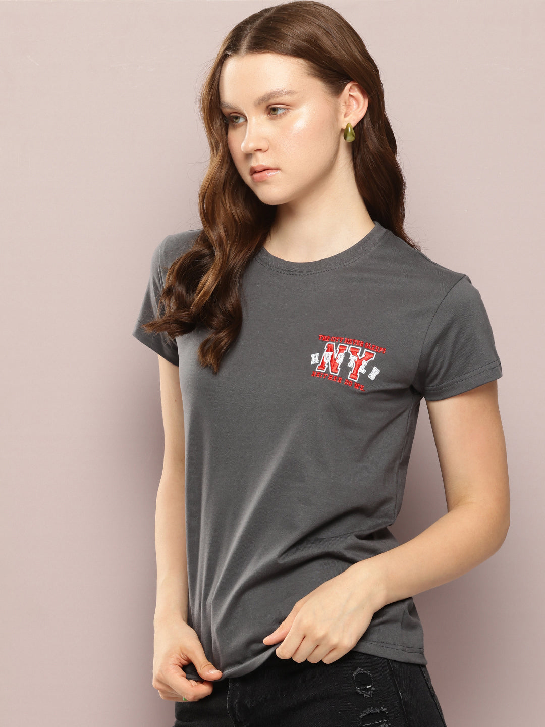 Womens Half Sleeve Round Neck Embroidery Regular Fit Tshirts